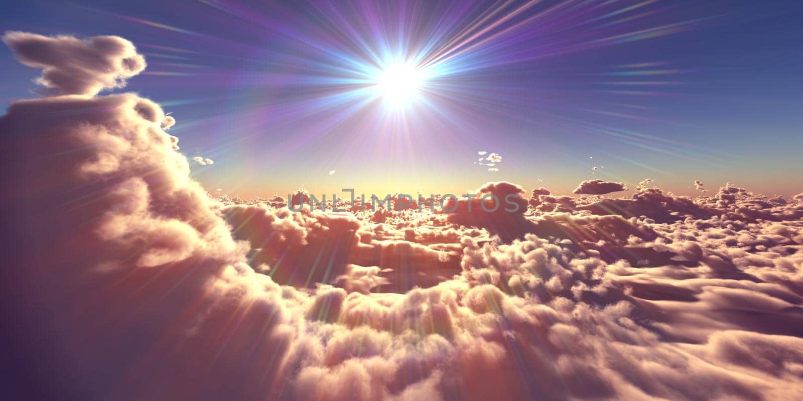 fly above clouds sunset landscape, 3d render illustration