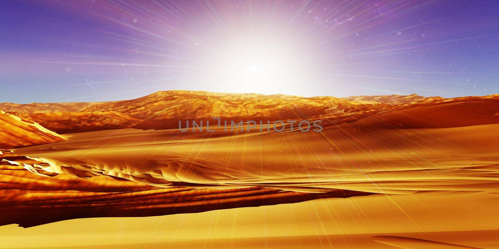 Dunes sunset over the desert. 3d rendering by alex_nako