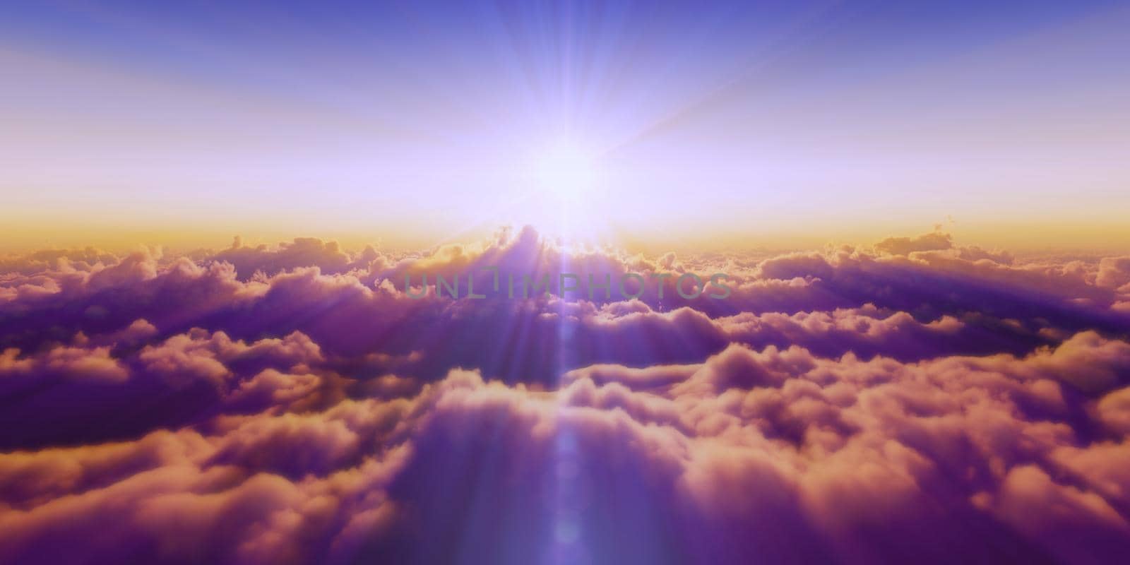 Beautiful aerial view above clouds with sunset. 3d illustration