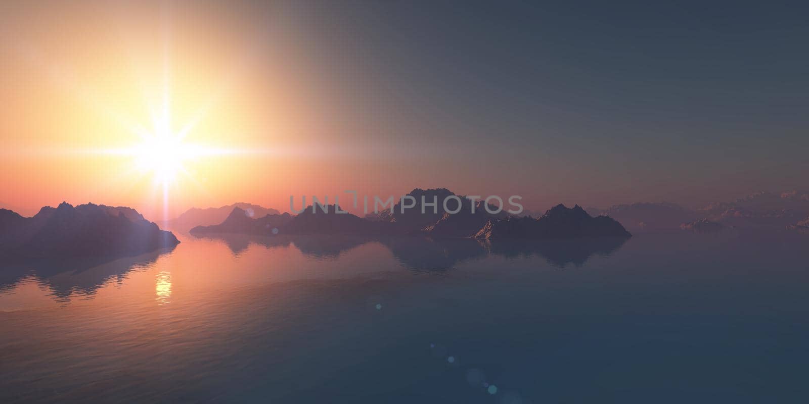 above islands in sea sunset, illustration 3d rendering