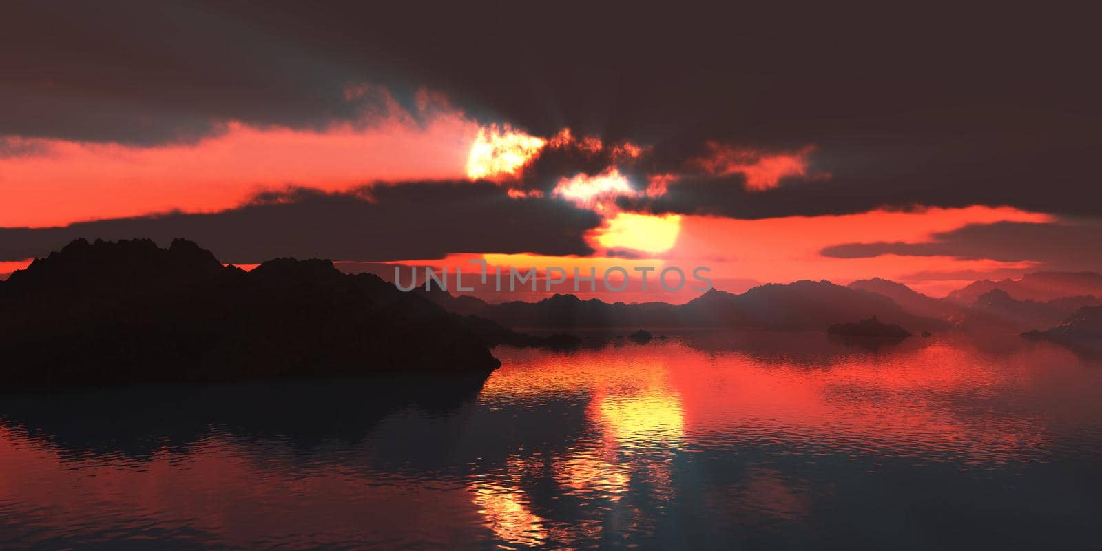 above islands in sea sunset, illustration 3d rendering