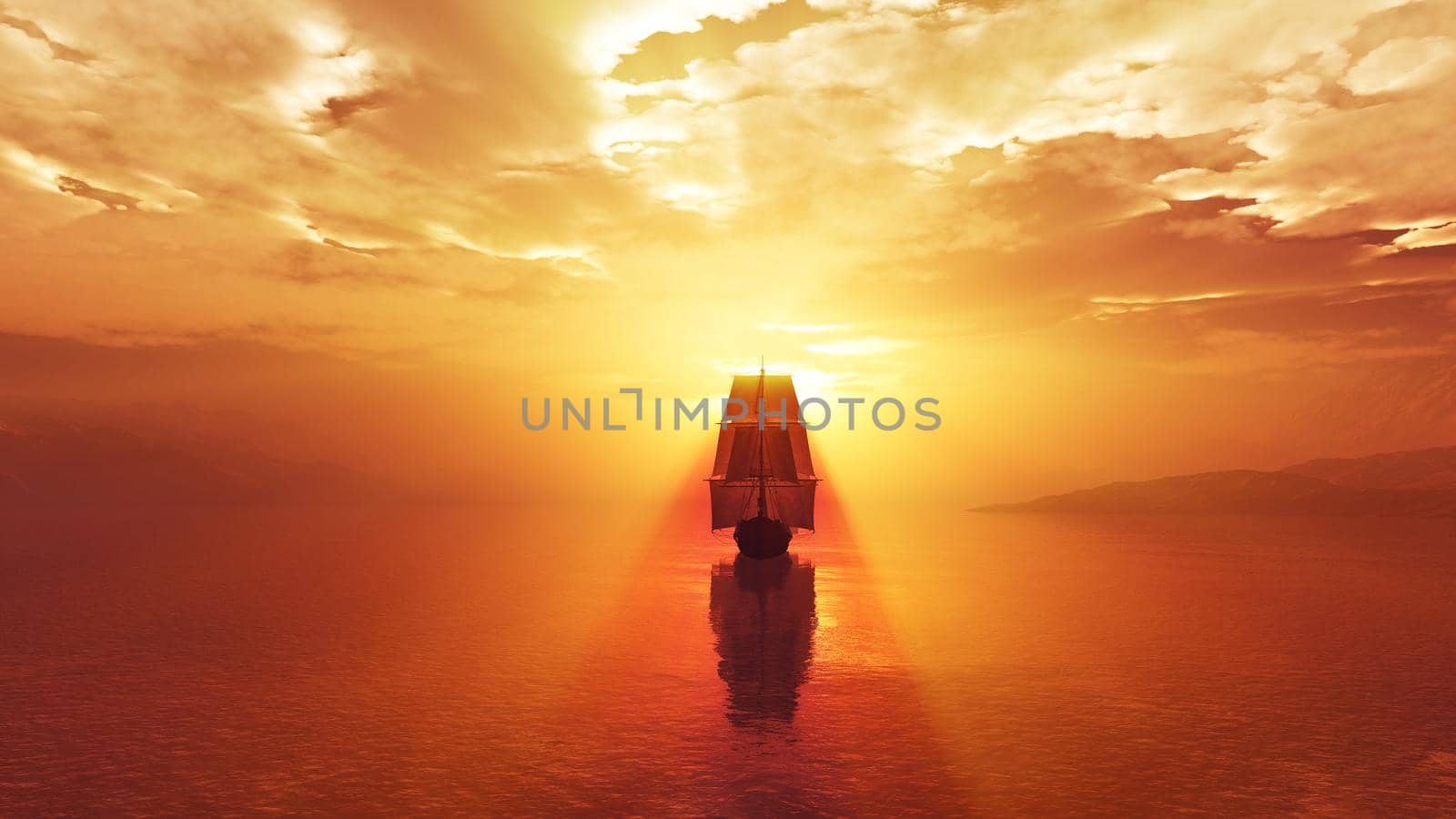 old ship at sea sunset, 3d render illustration