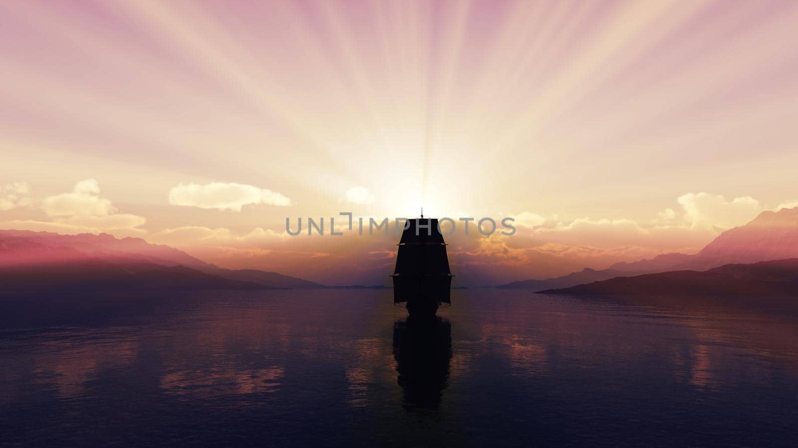 old ship at sea sunset, 3d render illustration