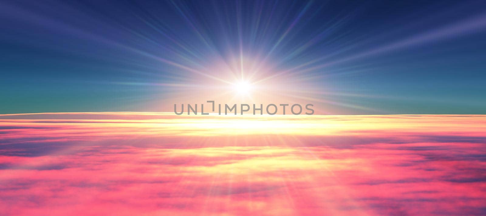 above clouds fly sunset sun ray illustration, 3d render