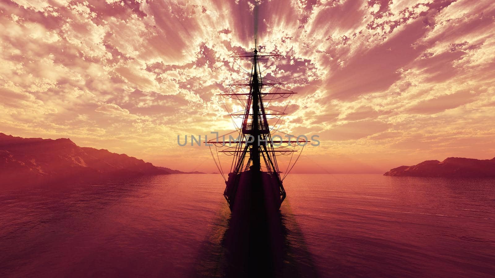 old ship sunset at sea illustration 3d rendering