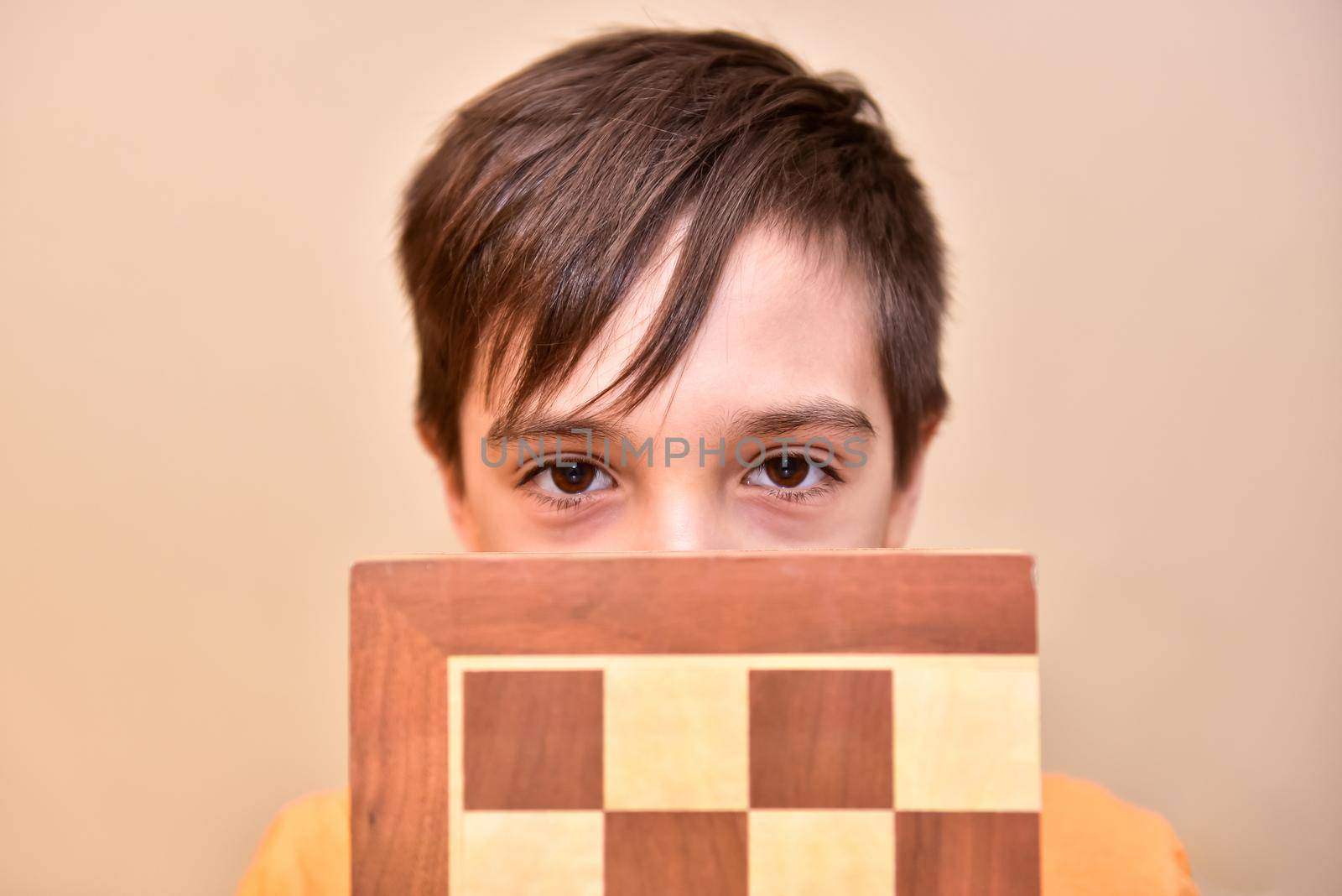 the boy covered half of his face with a chessboard and looks at the camera.