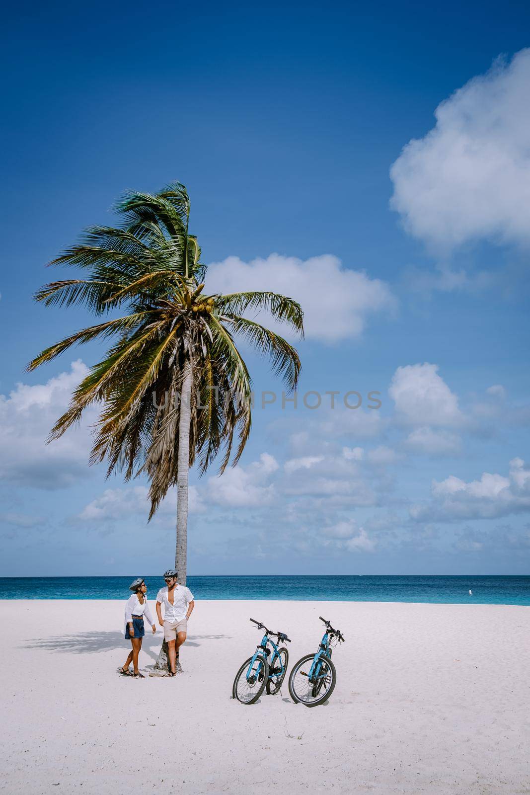 Eagle Beach Aruba, Palm Trees on the shoreline of Eagle Beach in Aruba, couple man, and woman on the beach of Aruba, couple with bycicle