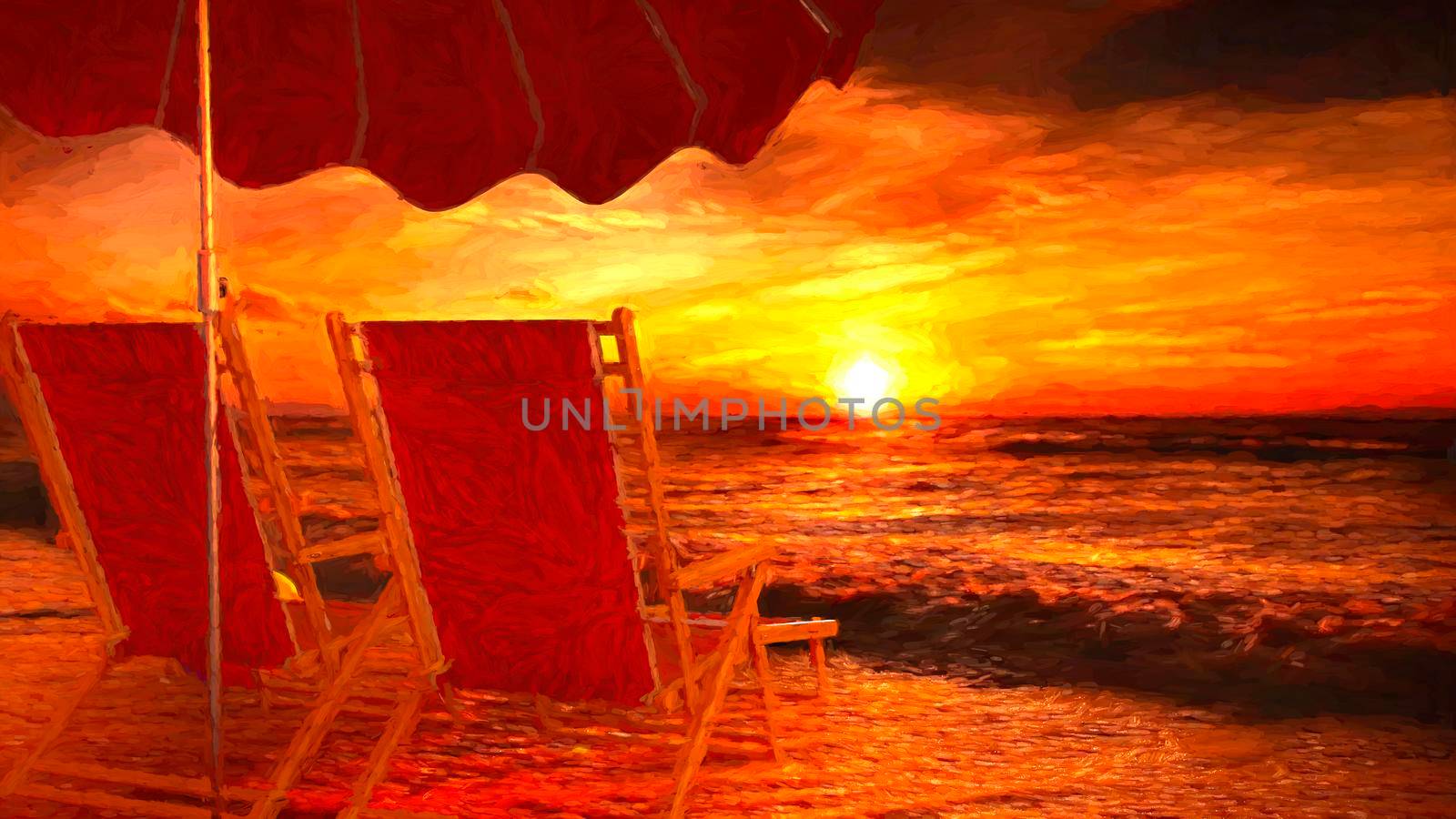 Two empty chairs on beach under opened umbrella with view on sea sunset - 3d rendering with painting effect