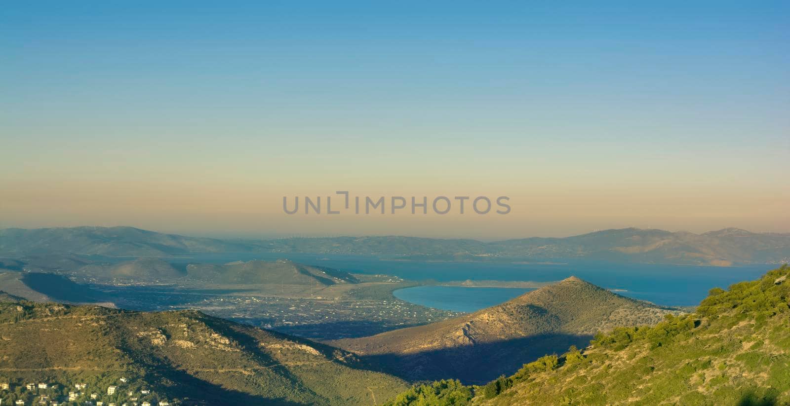 Panoramic photo of beach near Nea Makri as seen from Penteli mountain, Attica, Greece by ankarb