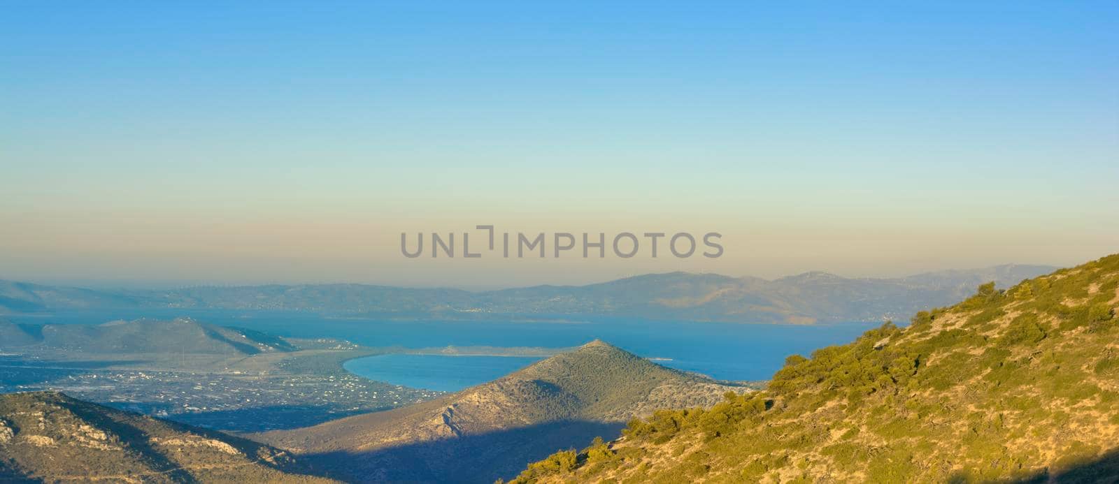 Panoramic photo of beach near Nea Makri as seen from Penteli mountain, Attica, Greece by ankarb