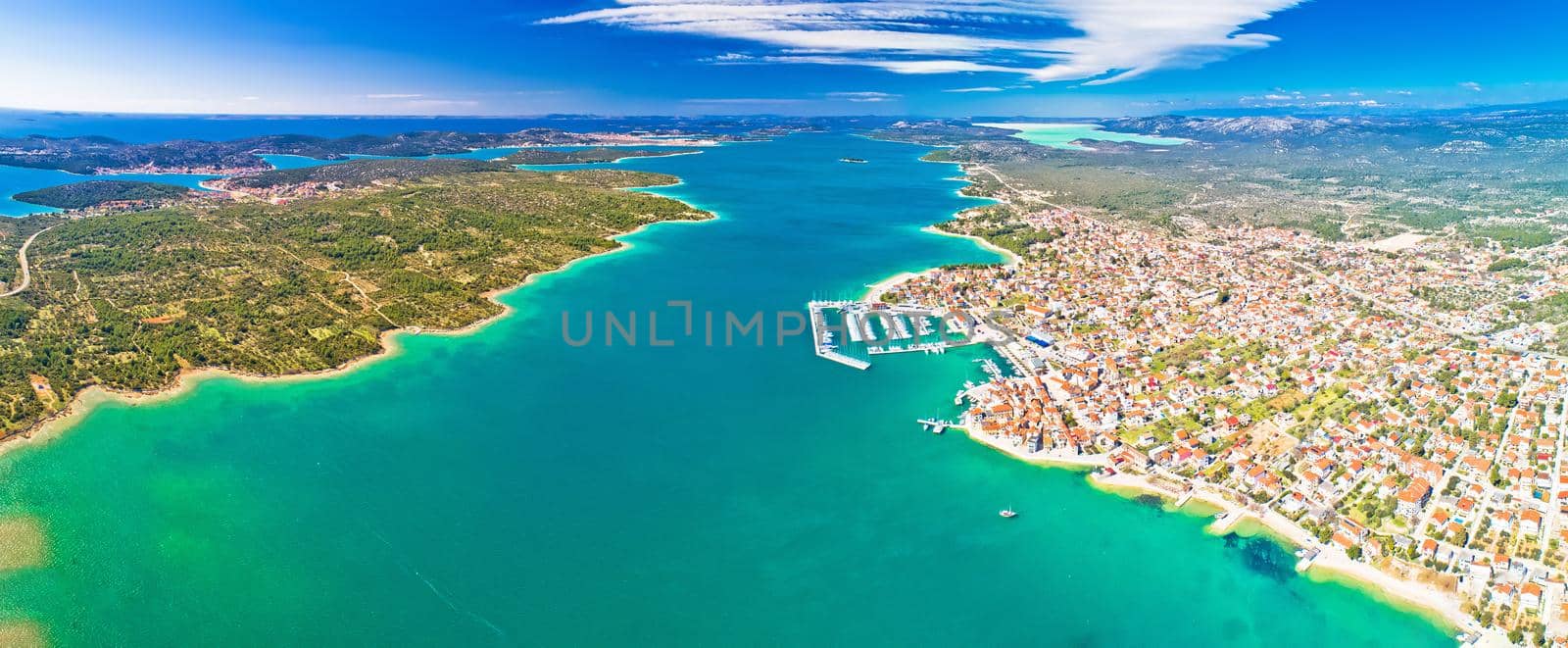 Adriatic town of Pirovac and Murter island panoramic aerial view, Dalmatia region of Croatia