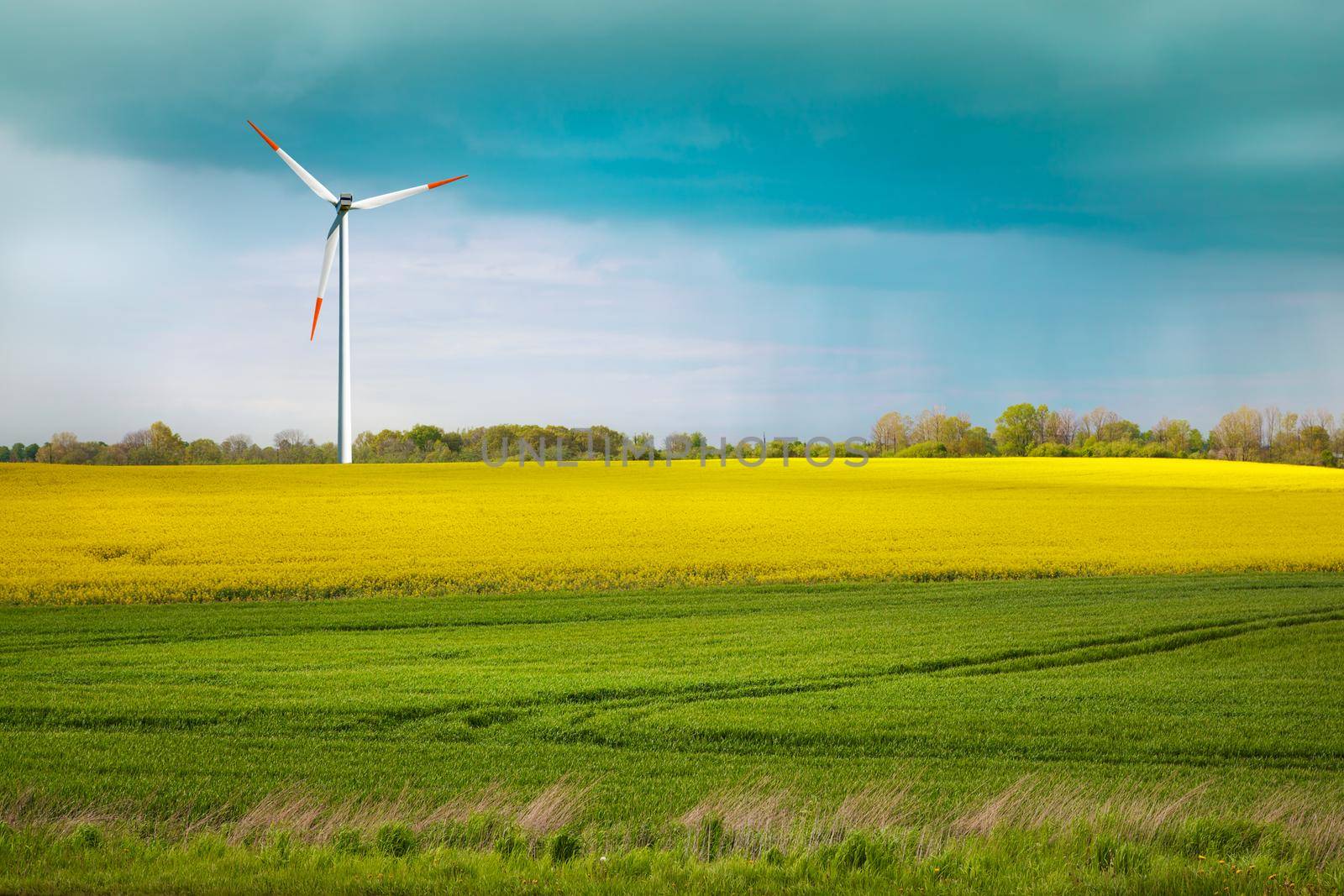Green meadow and farmland with a wind turbine generating electricity