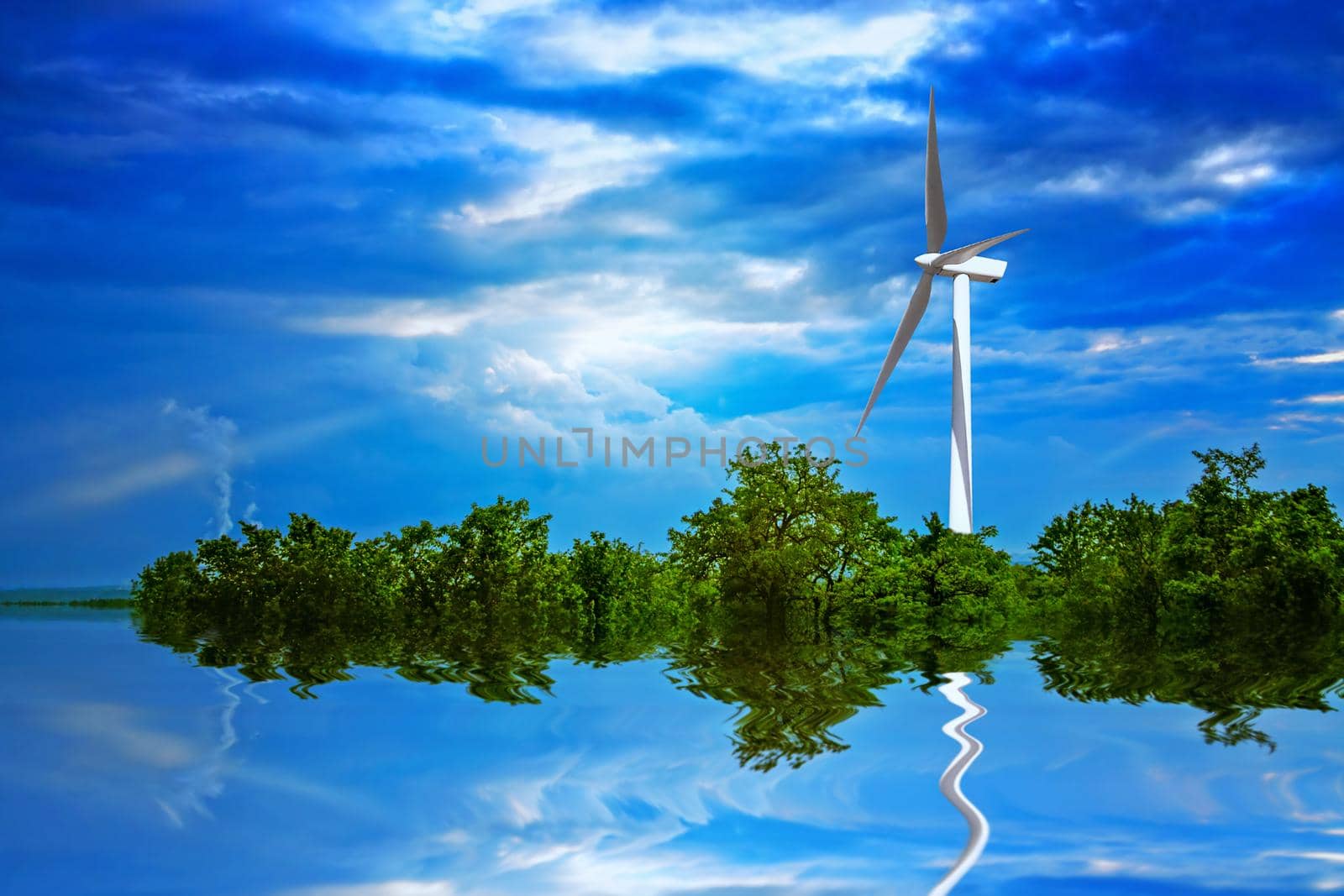 Wind turbine on a green island and cloudy sky