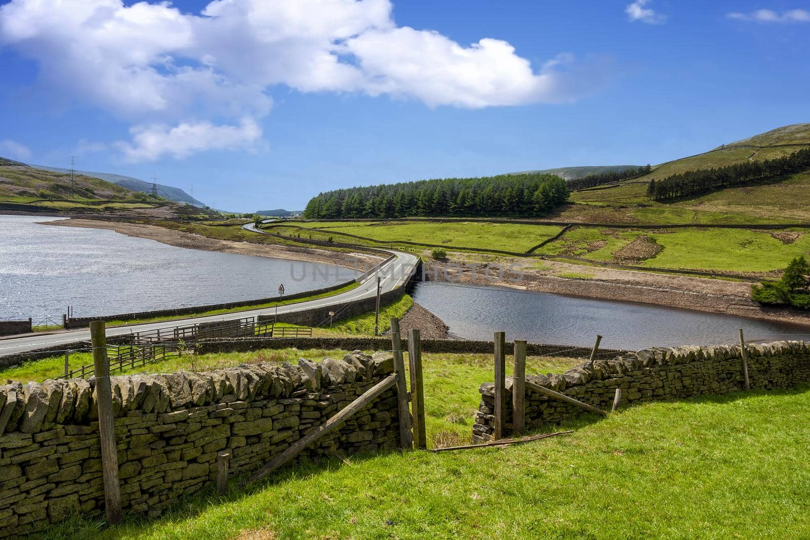 Beautiful countryside landscape with lake and road Yorkshire UK