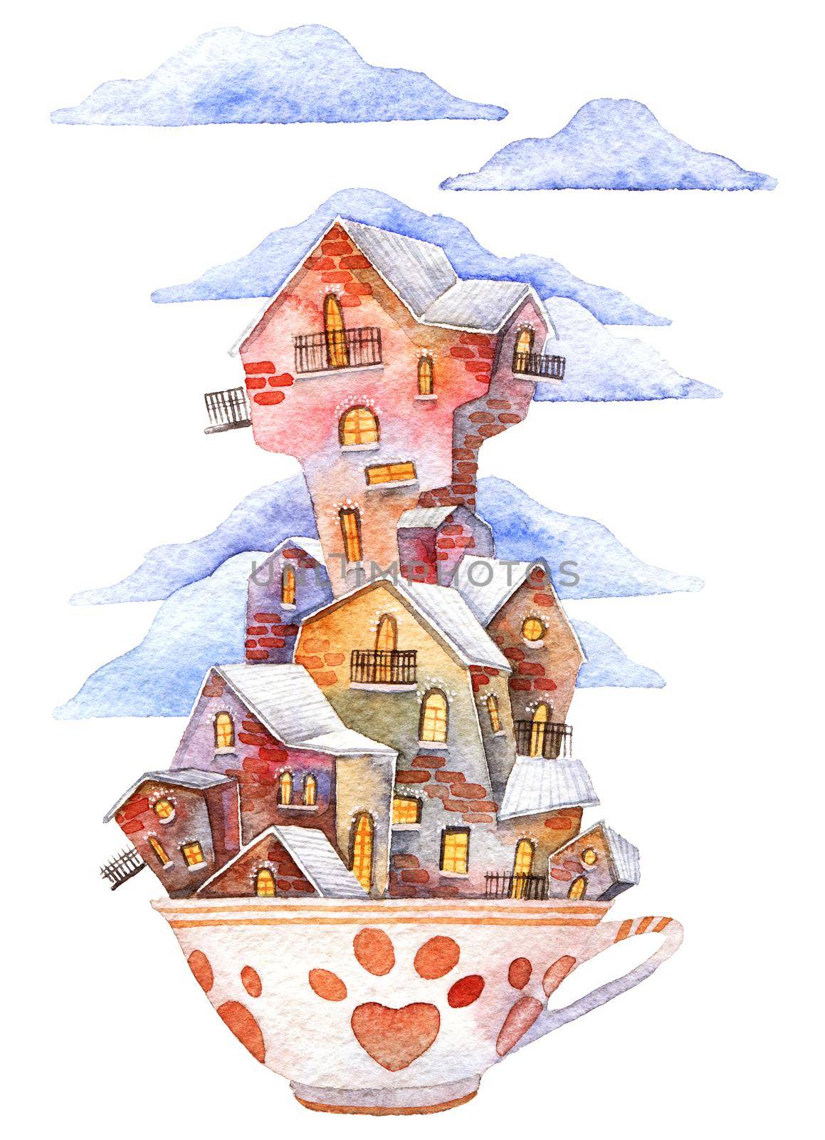 Watercolor illustration of cute little houses in a coffee mug with a footprint. White background with clouds.
