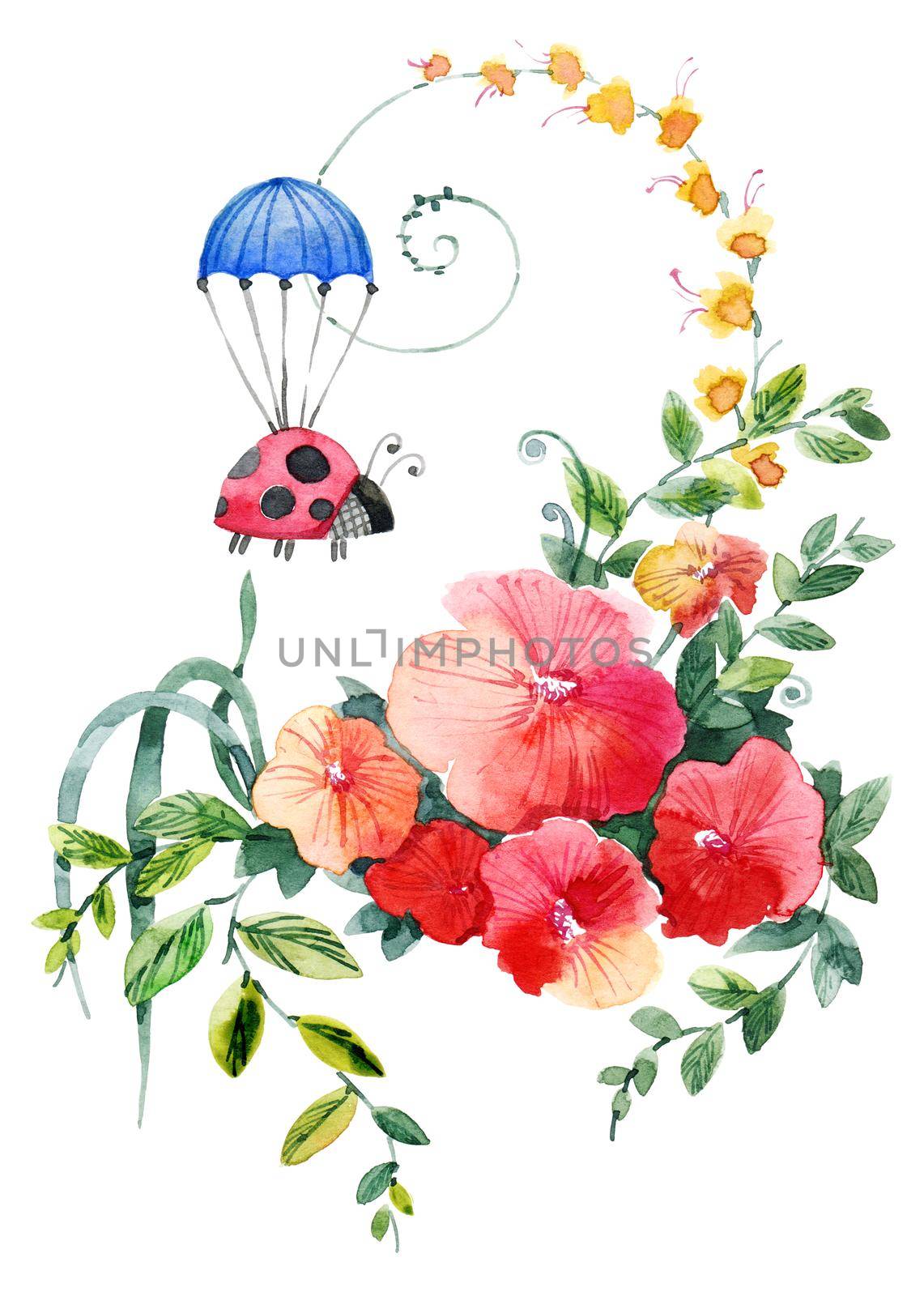 Cute illustration of flowers bouquet and ladybug flying on parachute. Design for greeting card. Drawing by watercolor.