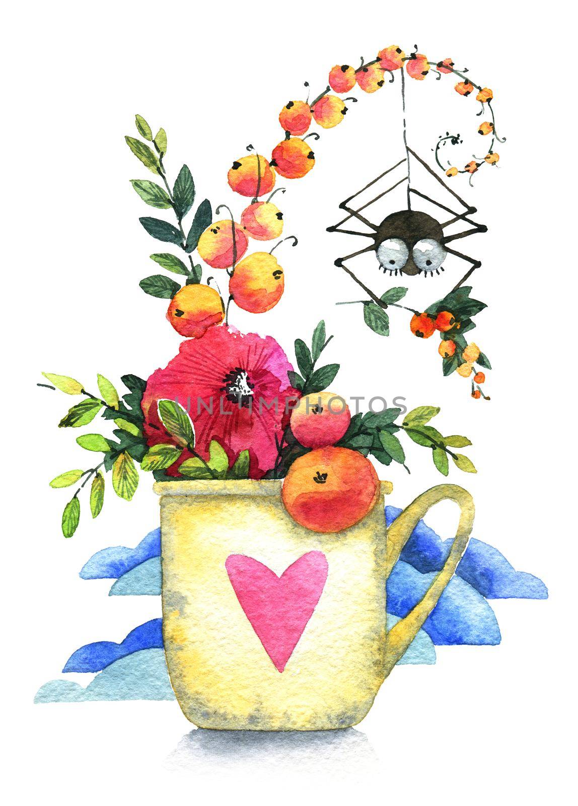 Cute illustration of flowers bouquet in coffee cup with heart print and funny spider hanging on cobweb. Design for greeting card. Drawing by watercolor.