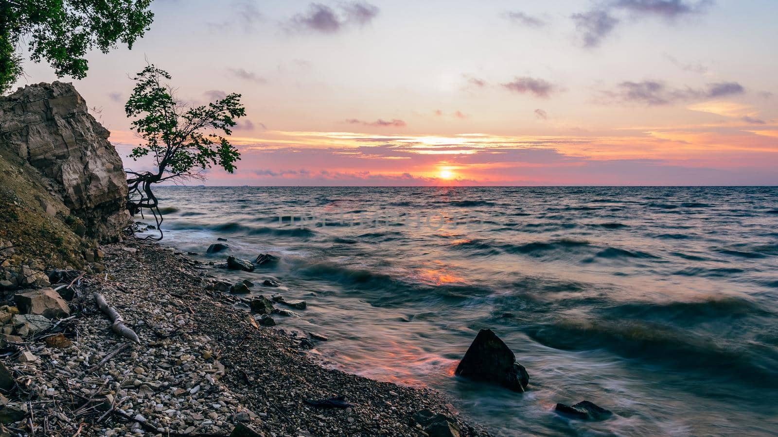Tree on the rocky shore at sunrise by Seva_blsv