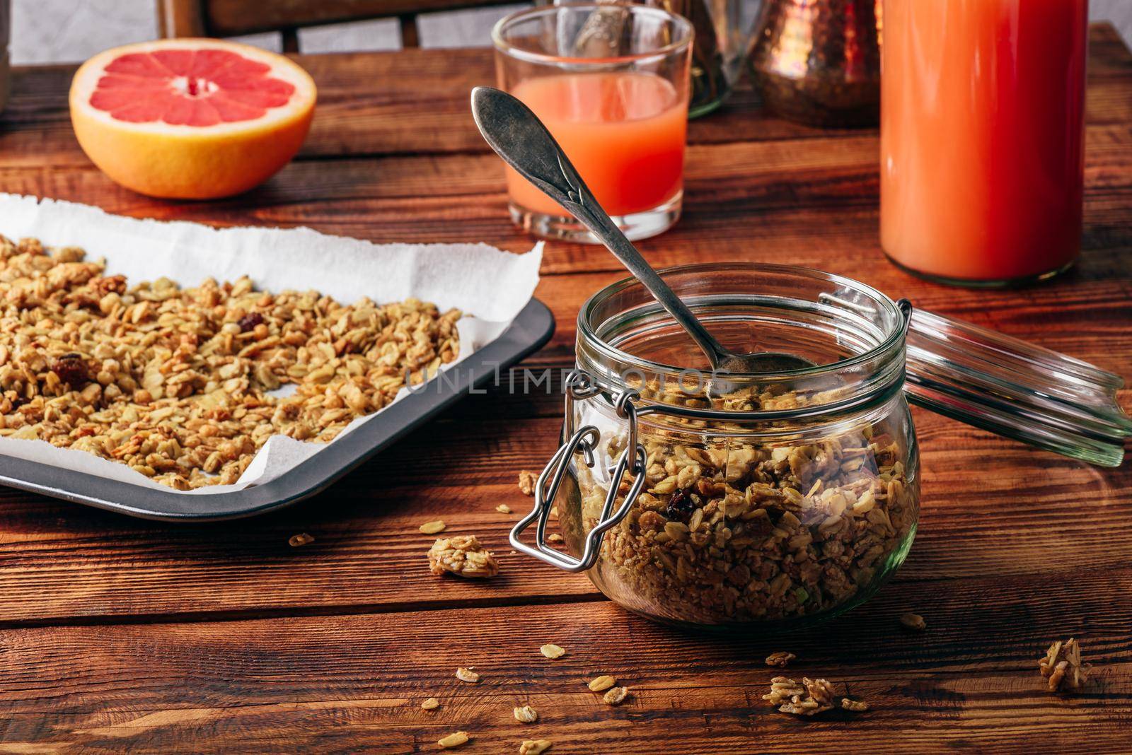 Homemade granola in jar for healthy breakfast