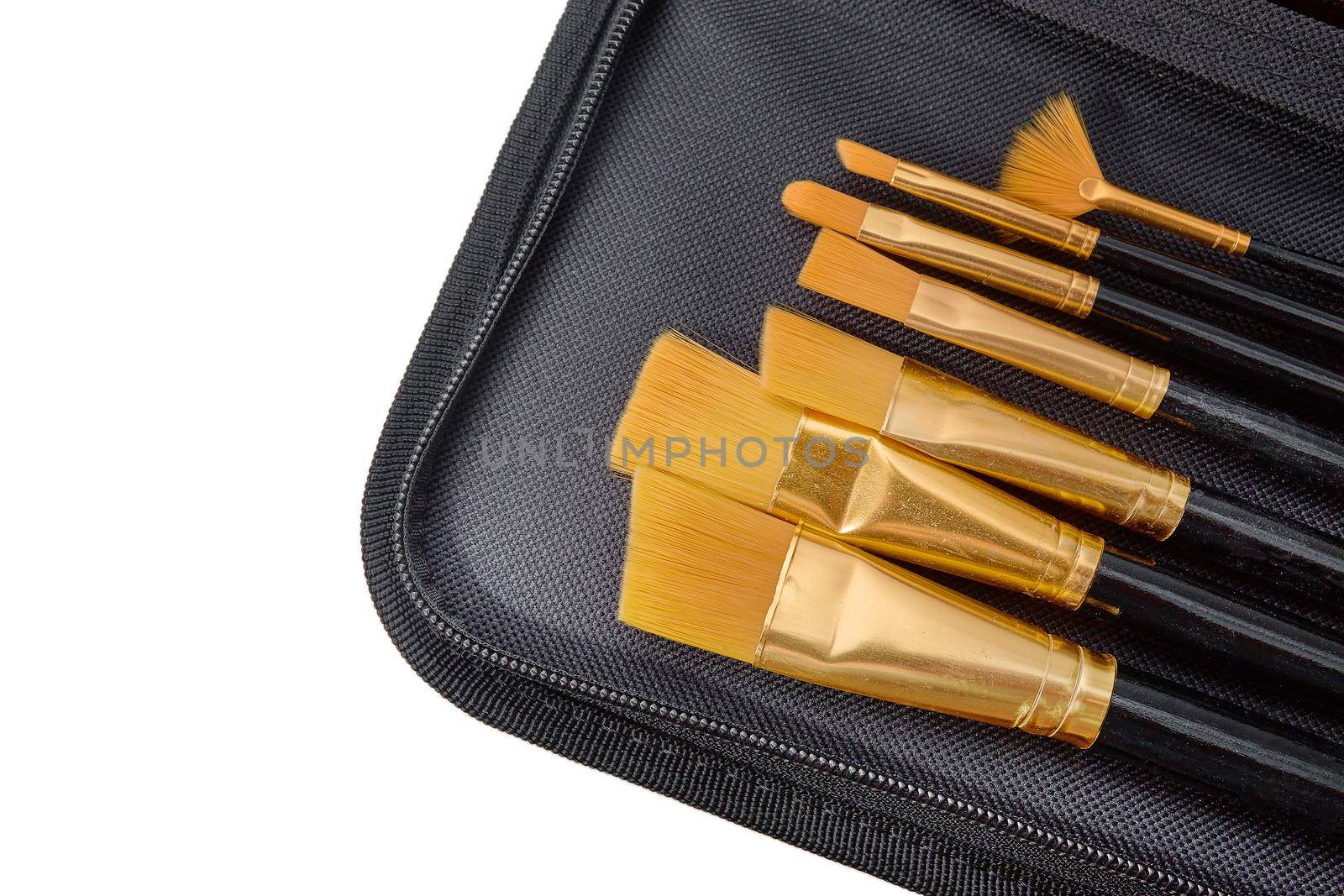 A set of new art brushes for painting in a pencil case isolated on white. Art painting tool shopping concept