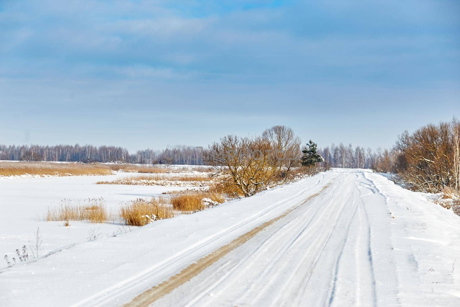 Snowy road along the lake on a bright sunny day