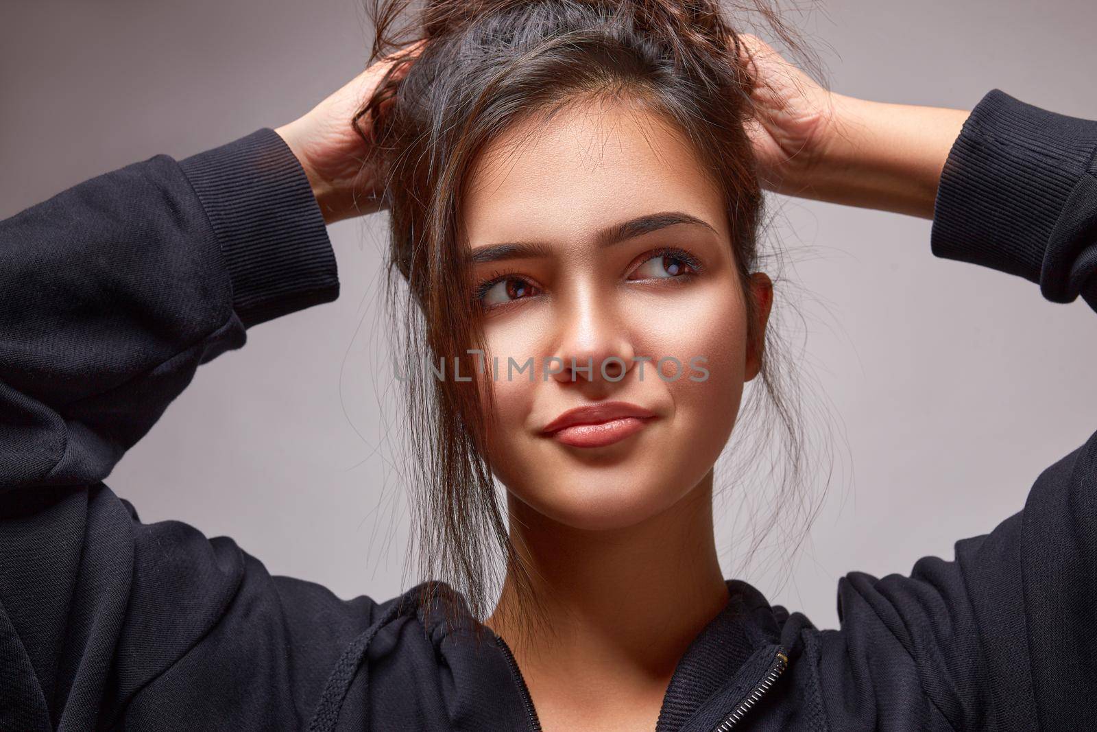 BeBeautiful young caucasian woman thinking, looking up. Positive human facial expressions and emotions.autiful young caucasian woman thinking, looking up
