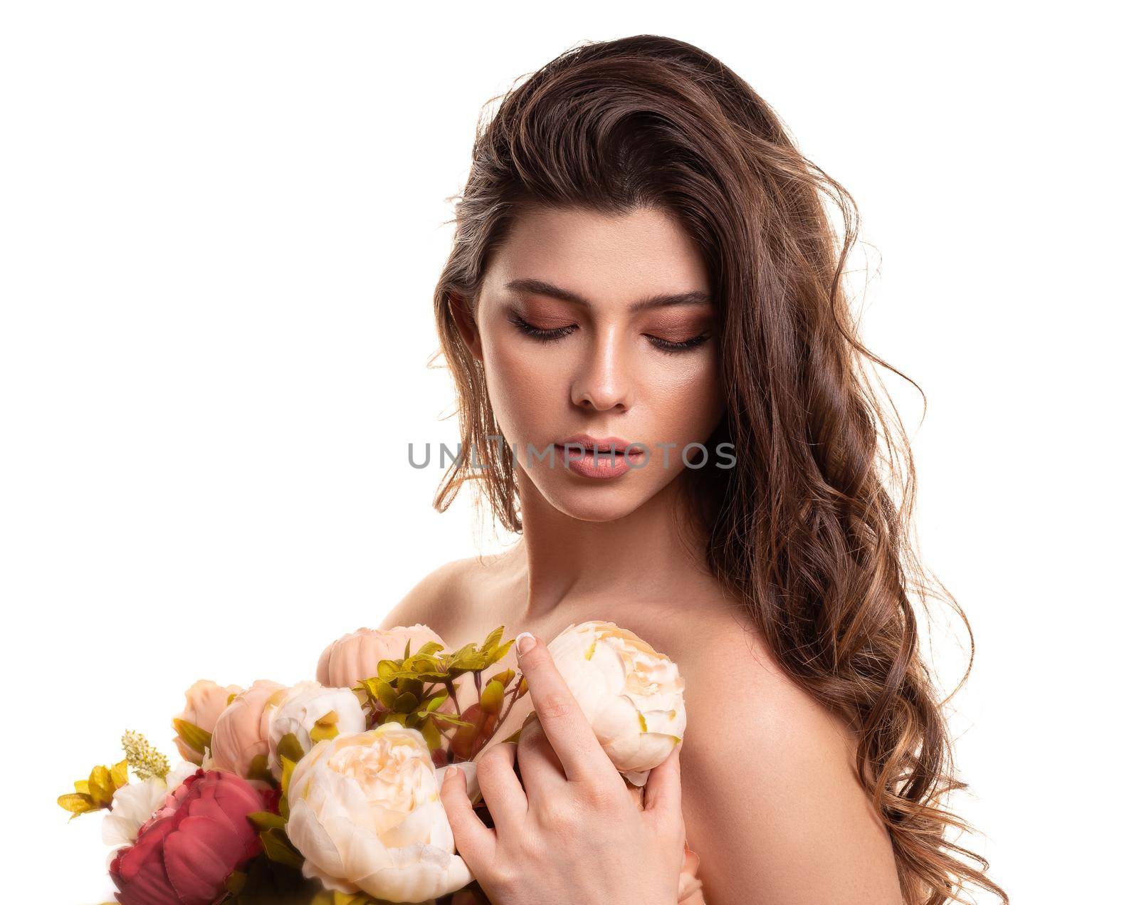 Young beautiful woman with bouquet. Pretty girl isolated on white background.
