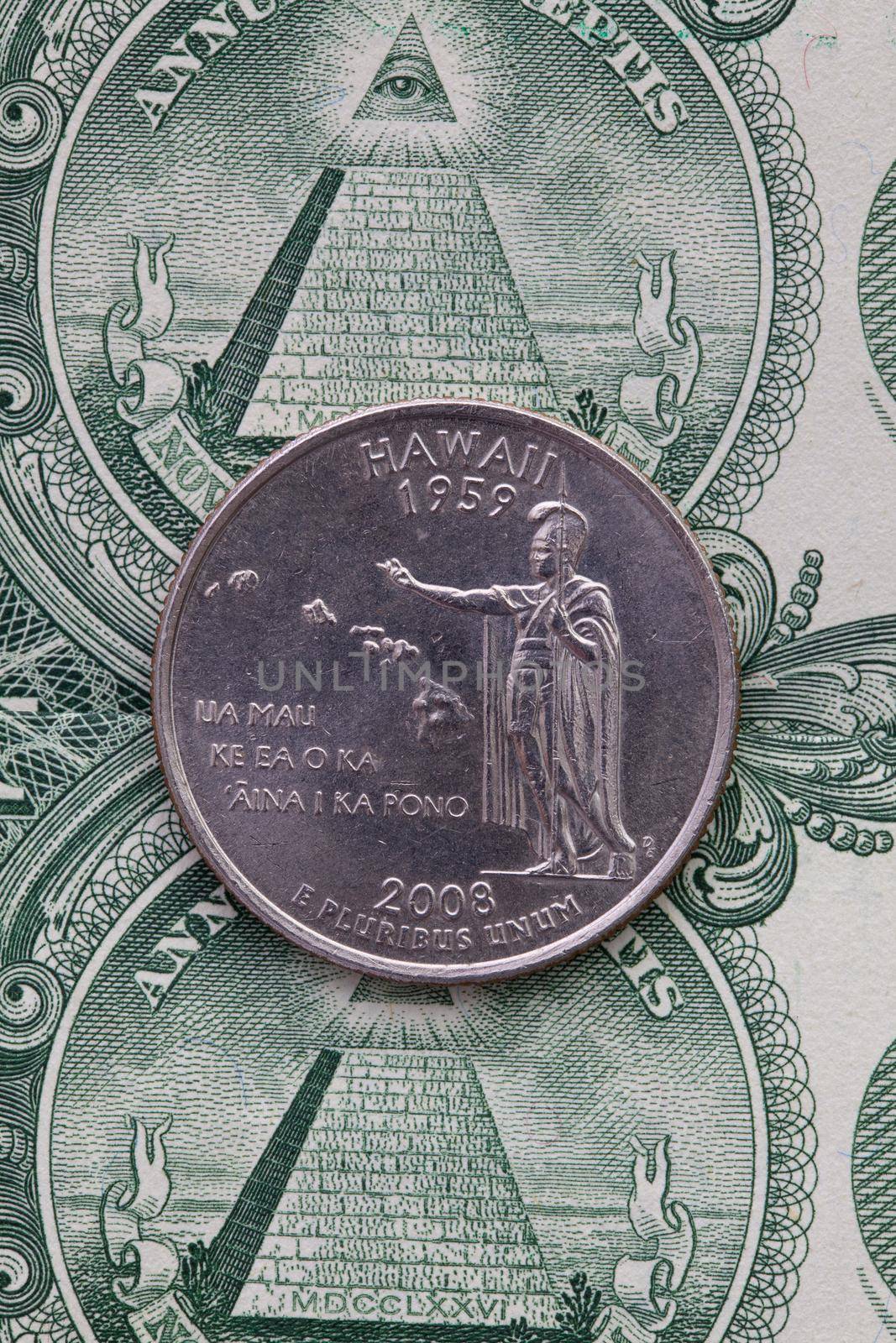 A quarter of Hawaii on US dollar bills. Symmetric composition of US dollar bills and a quarter of Hawaii