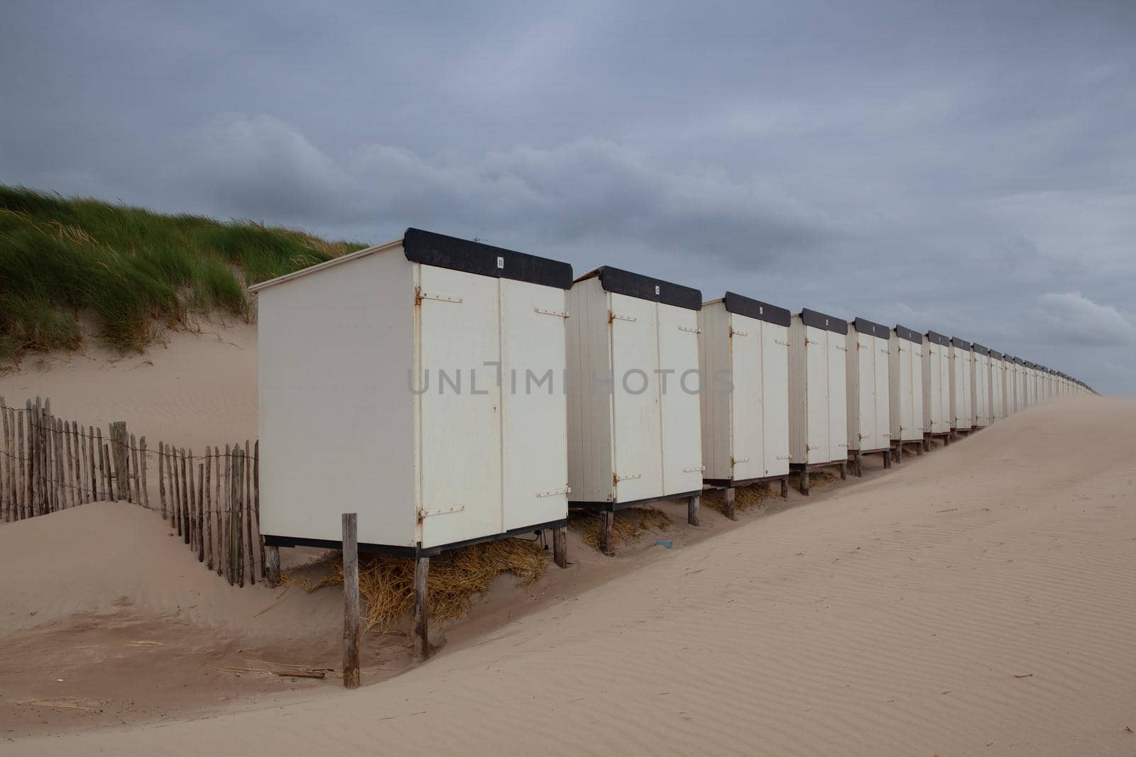 The closed beach huts. The beach in Hargen aan Zee in Netherlands without foreign tourists after the coronavirus pandemic.