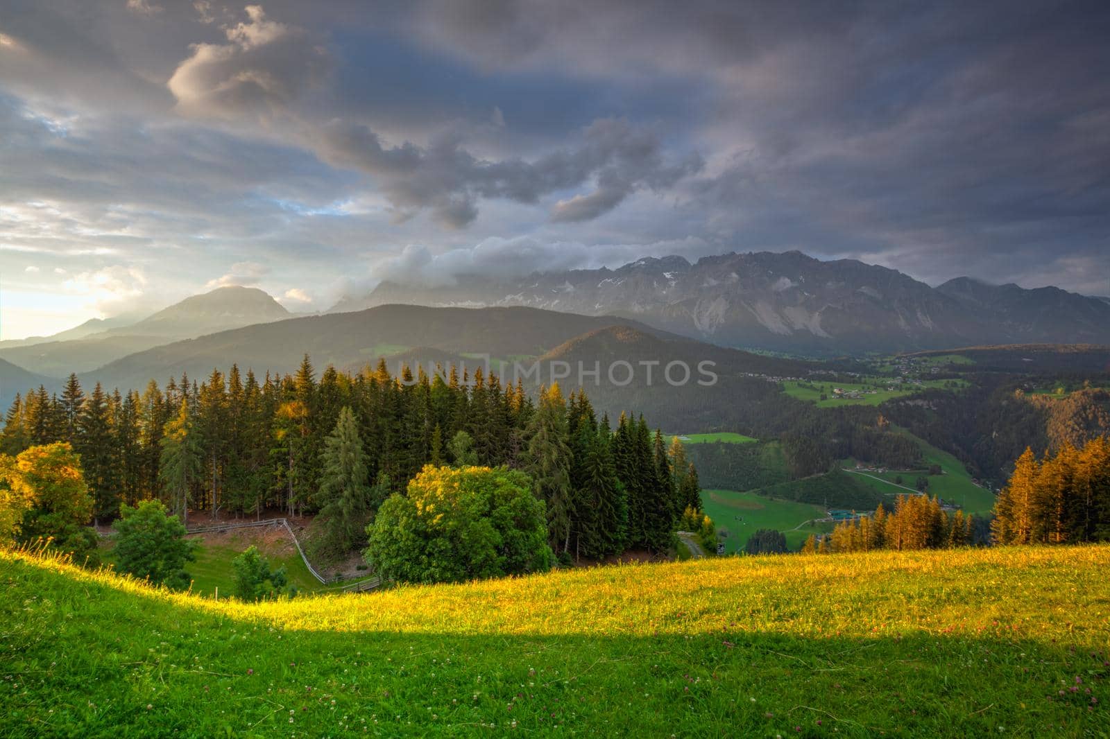 Dachstein mountain and summer valley views from Almwelt Austria resort.   by CaptureLight