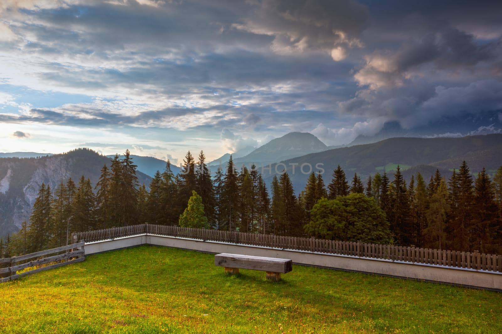 Dachstein mountain and summer valley views from Almwelt Austria resort.   by CaptureLight