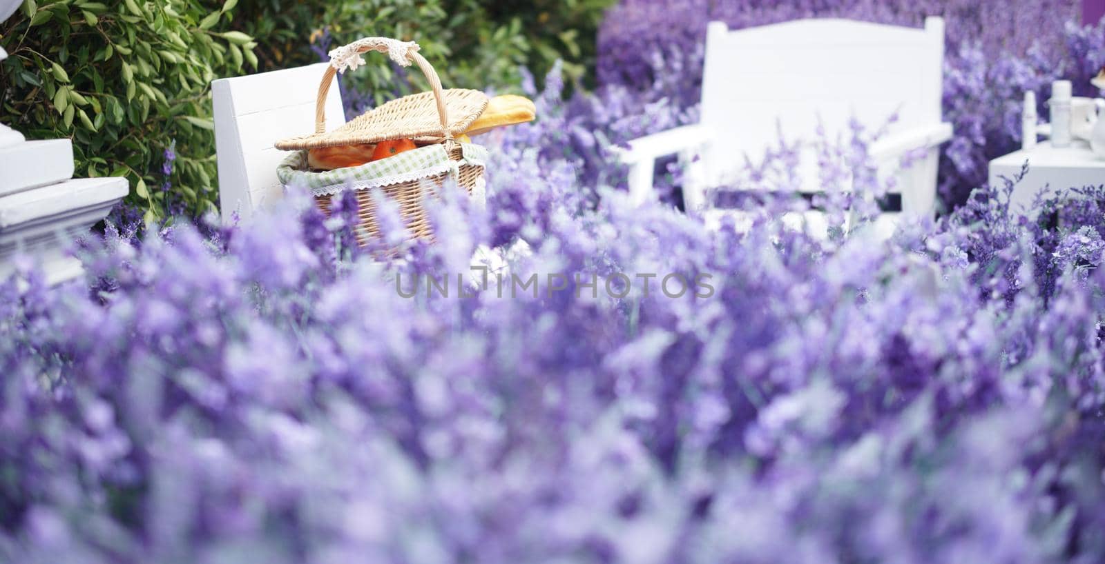 orange and bread in wicker rattan basket for picnic in lavender flower field