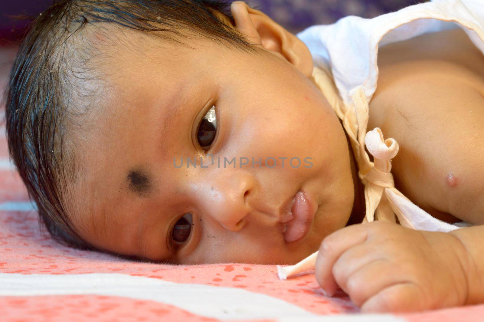 Close up face of cute newborn baby boy Lying On Front. One month old Sweet little infant toddler Closeup portrait. Indian ethnicity. Front view. Child care peace tranquil background.