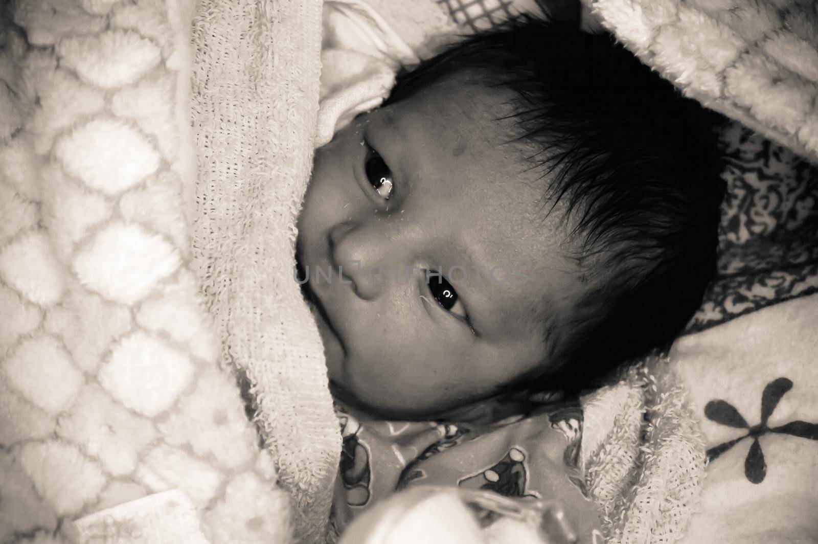 Extreme Closeup portrait of newborn Asian Indian baby boy face just awake from sleep. He just born only 7 days old. Wrapped on white blanket warm clothing.