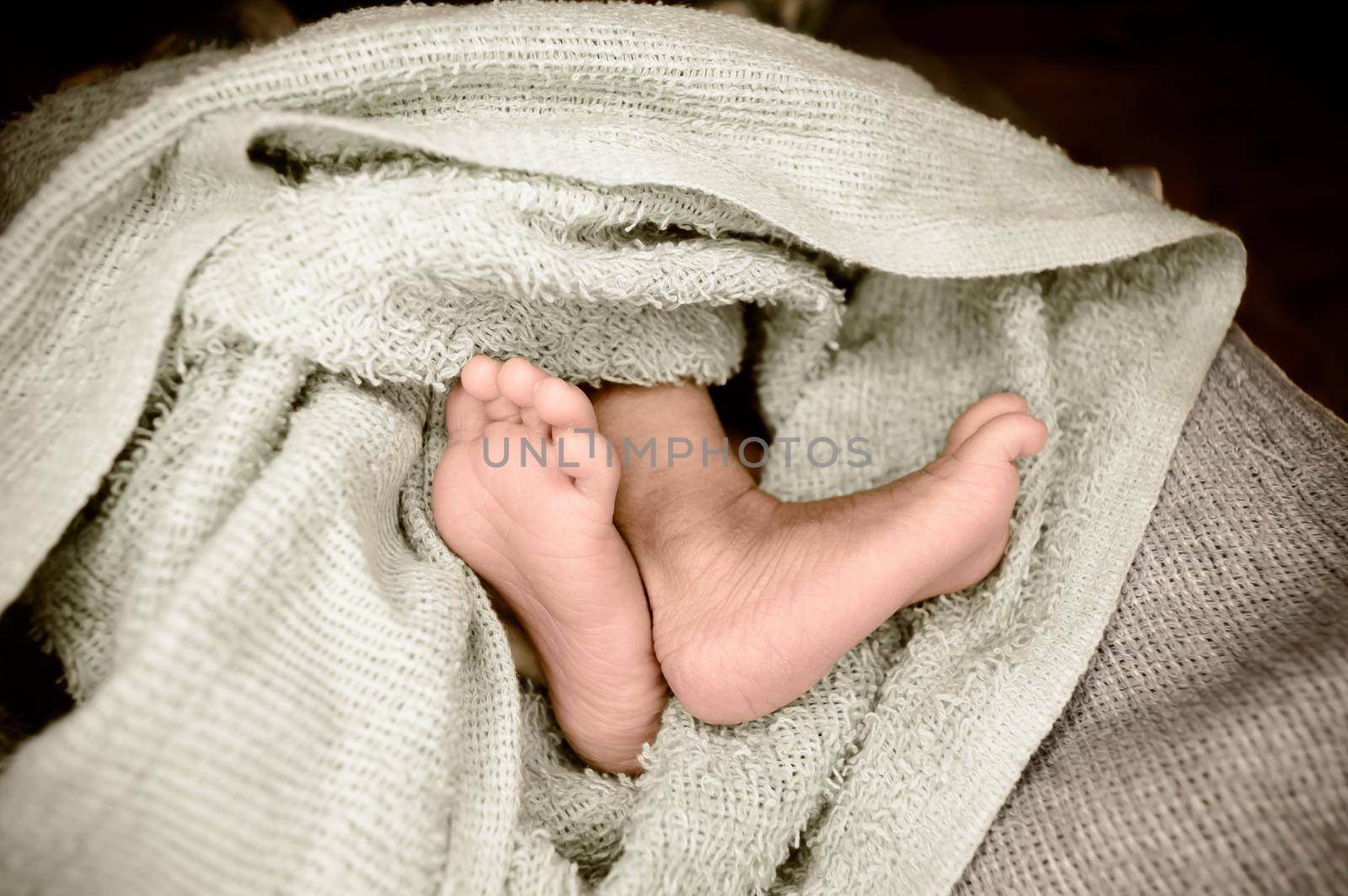 Newborn baby feet close up. The legs of a new born infant kid on a soft baby fur blanket. Cute love cozy background. Vintage color image. Copy space. by sudiptabhowmick