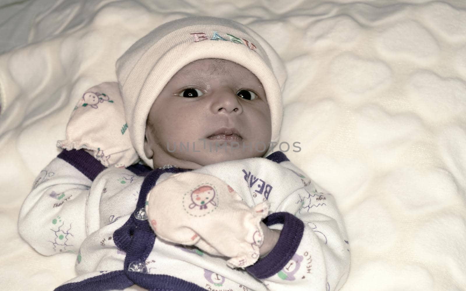 Closeup portrait image of cute beautiful adorable baby boy Asian and Indian ethnicity in winter clothing lying of bed on white blanket. One month old Sweet toddler posing looking at camera. Front View