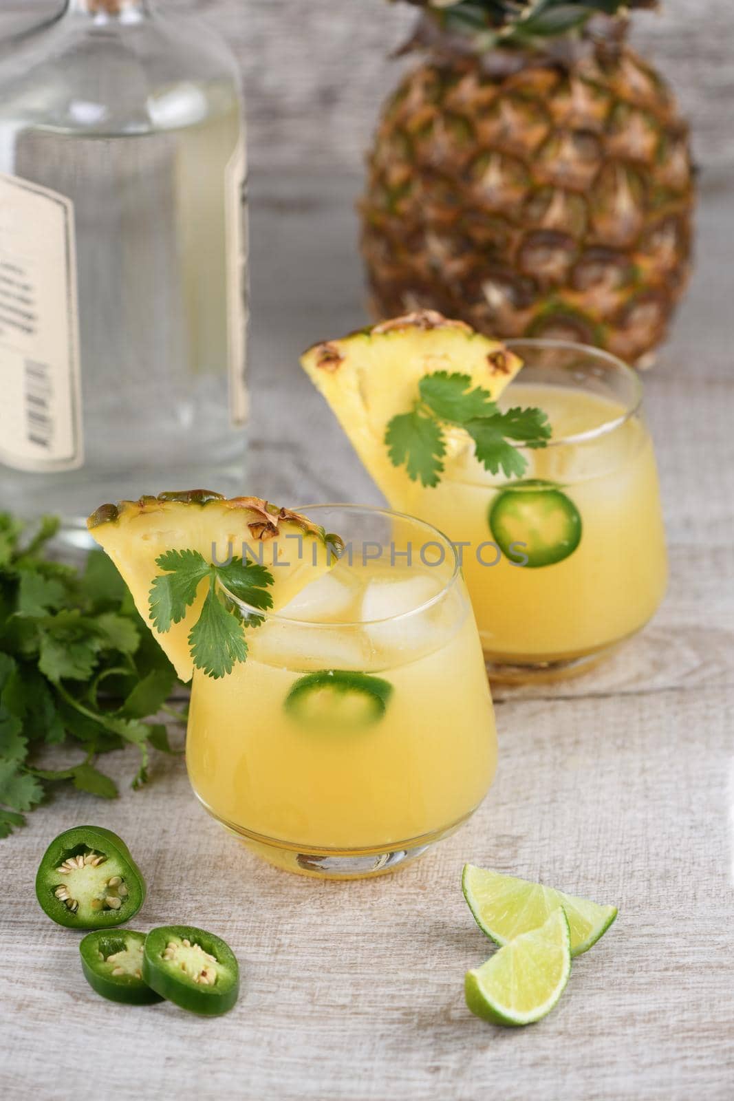  Tequila cocktail with pineapple juice, jalapeno  slices and cilantro, cooled with ice