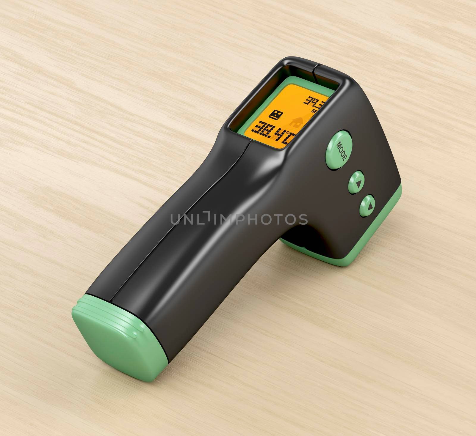 Infrared thermometer on wood table