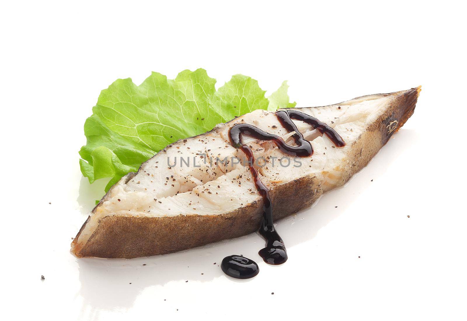 Roasted halibut steak with lettuce by Angorius