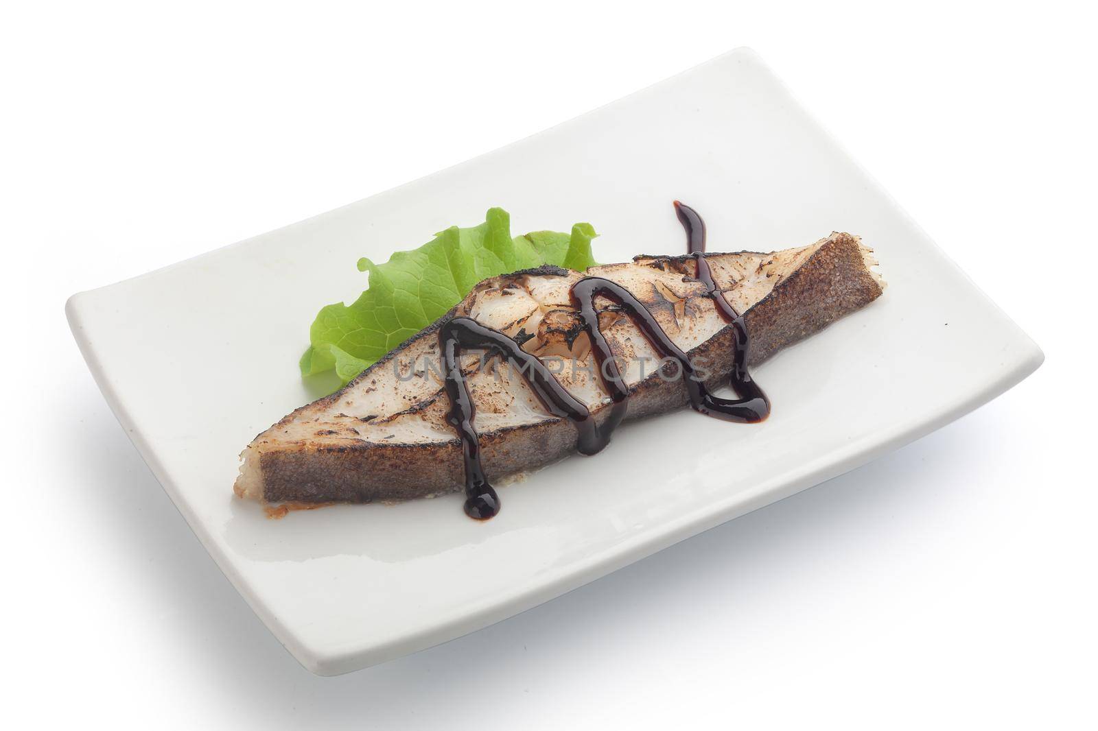 Roasted halibut steak with lettuce by Angorius