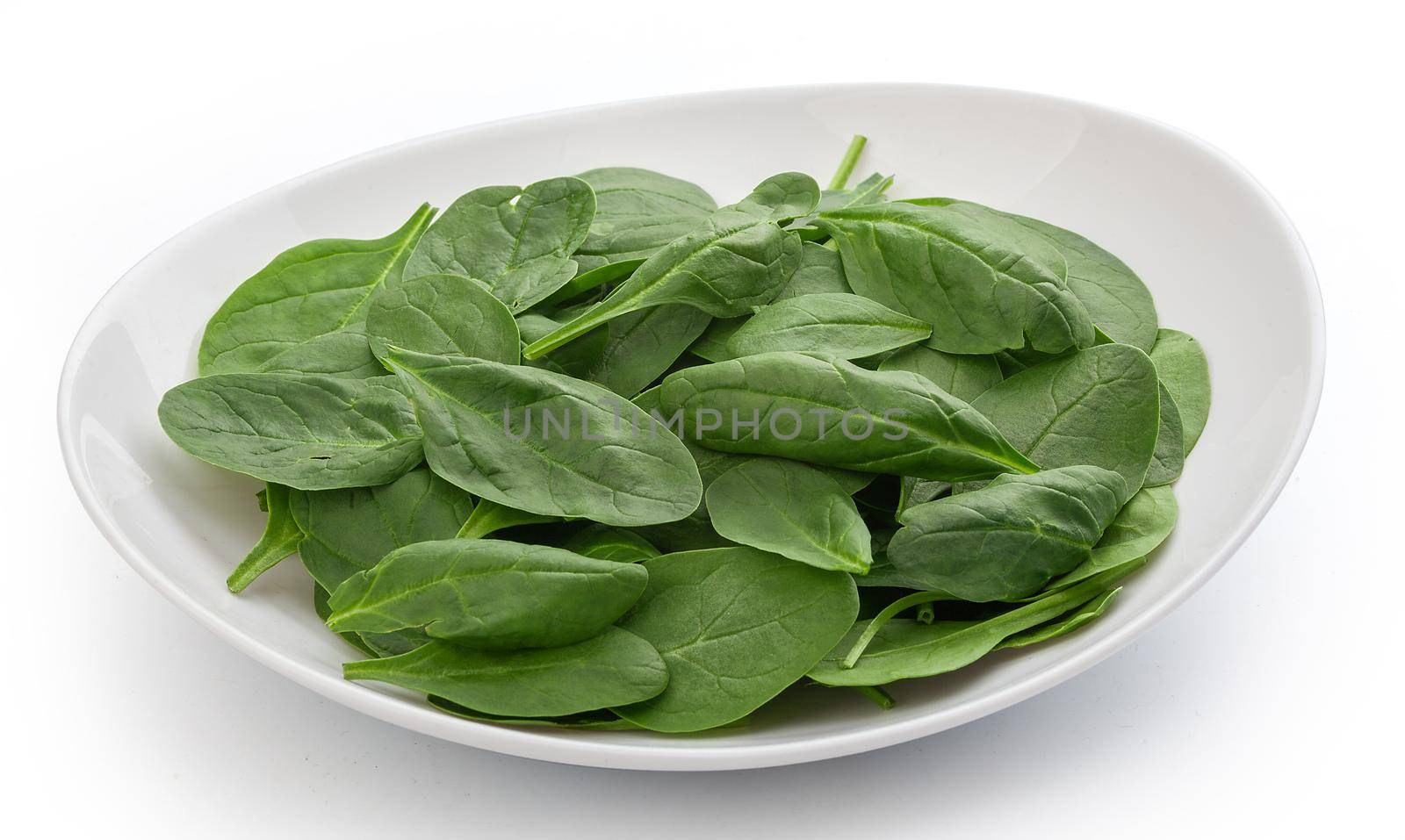 Mound of fresh green spinach in the white bowl