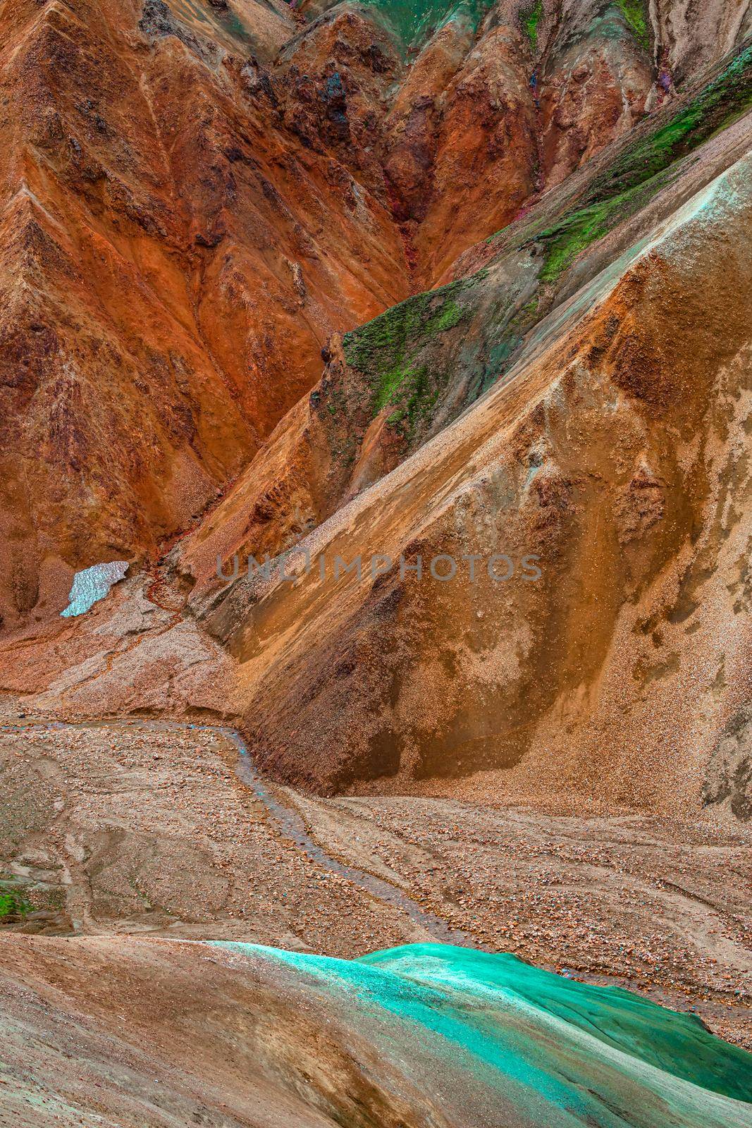 Unearthly patterns, curvy lines and magic colors. Iconic colorful rainbow volcanic mount in Landmannalaugar mountain region in Iceland as a background for design