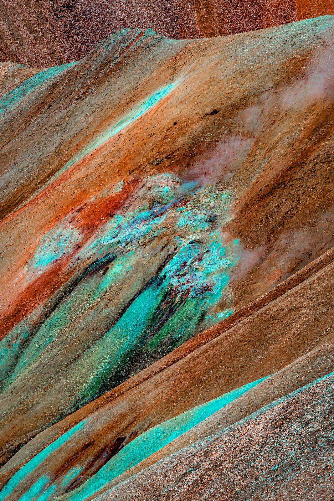 Unearthly patterns, curvy lines and magic colors. Iconic colorful rainbow volcanic mount in Landmannalaugar mountain region in Iceland as a background for design
