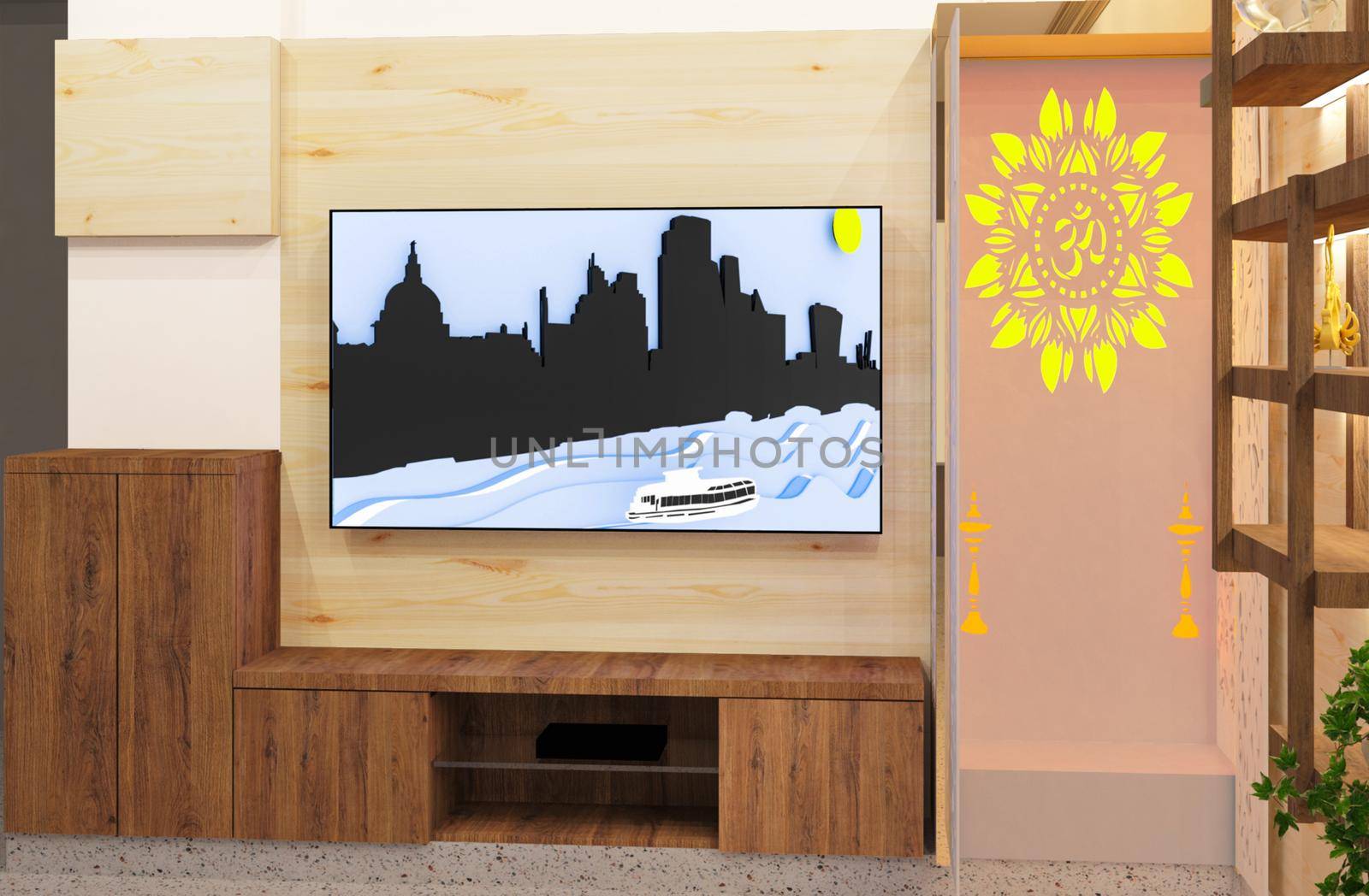 3d rendered pine wood wall decoration with walnut wood cove light shelve and tv unit.