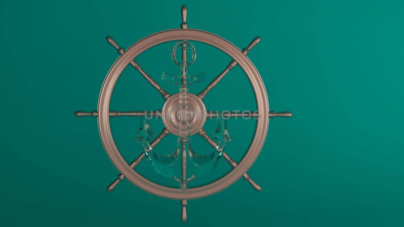 3d render anchor and ship wheel with green blue color background image.