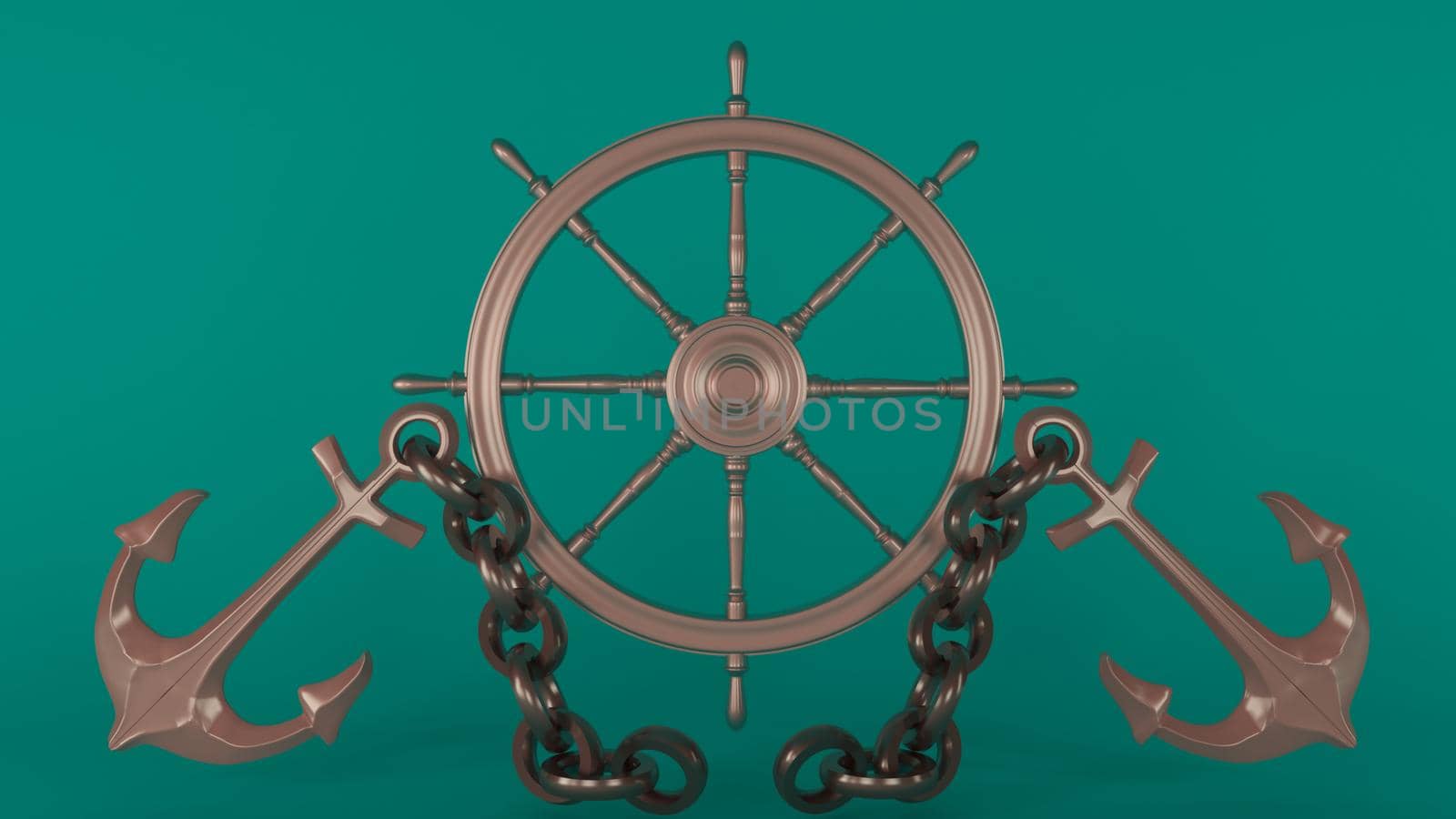 3d render anchor and ship wheel with green blue color background image. by Maharana777