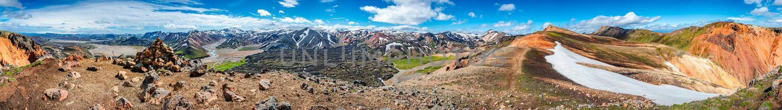 Panoramic 360 degrees landscape view of colorful rainbow volcanic Landmannalaugar mountains, volcanoes, lava fields and campsite at blue sky, Iceland, summer