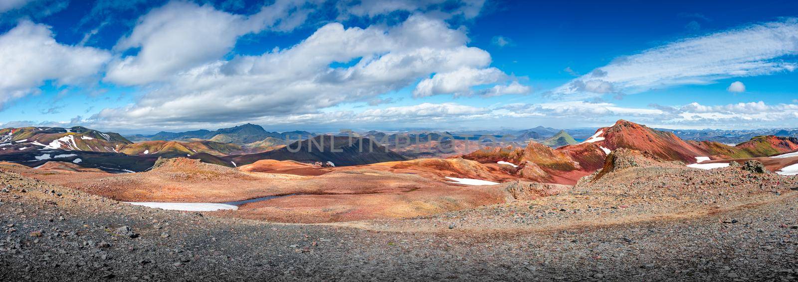 Panoramic true Icelandic landscape view of colorful rainbow volcanic Landmannalaugar mountains, volcanoes, valleys and famous Laugavegur hiking trail at blue sky, Iceland