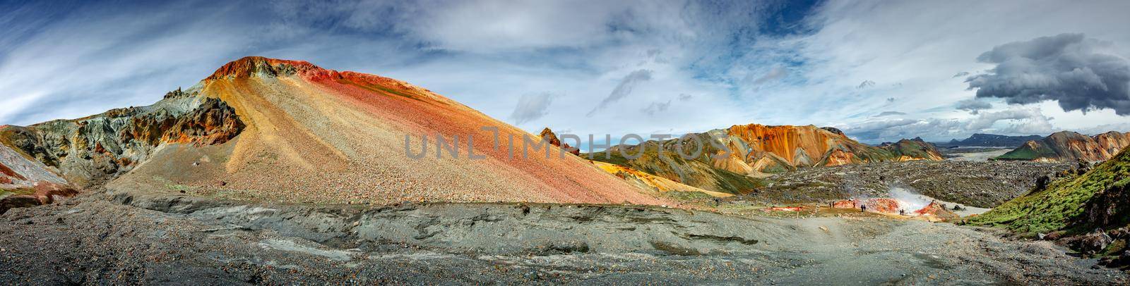 Panoramic true Icelandic rough landscape view of colorful rainbow volcanic Landmannalaugar mountains, volcanoes, streams and famous Laugavegur hiking trail, Iceland, summer