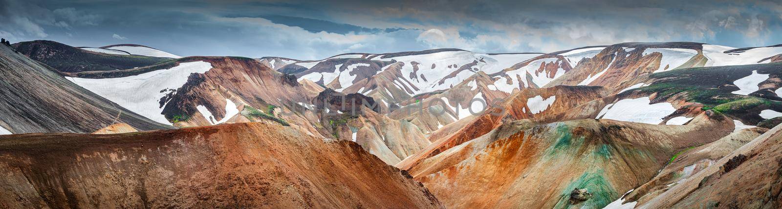 Panoramic true Icelandic rough landscape view of colorful rainbow volcanic Landmannalaugar mountains, volcanoes, streams and famous Laugavegur hiking trail, Iceland, summer